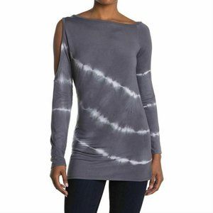 Go Couture Gray Tie Dye Cold Shoulder Long Sleeve Tunic Top Stretch Women's